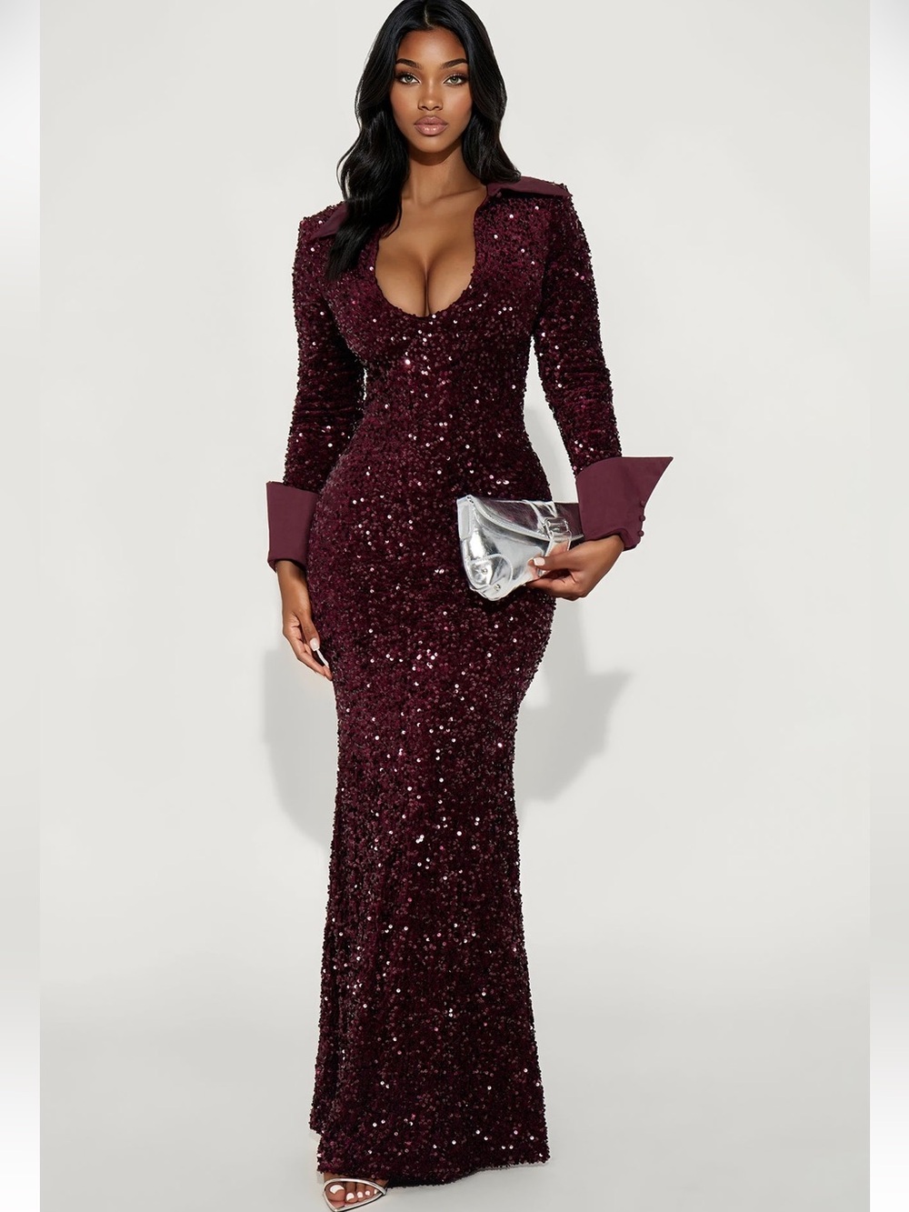 Sequin Burgundy Long-Sleeve Evening Gown
